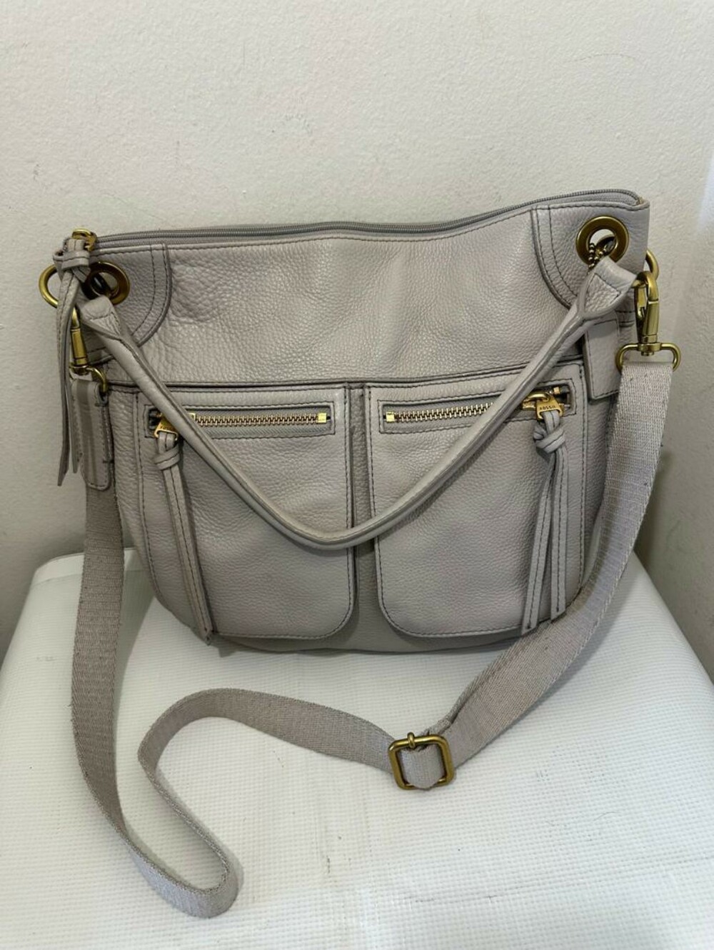 FOSSIL Gray Pebbled Soft Leather Shoulder Handbag Boho Bag